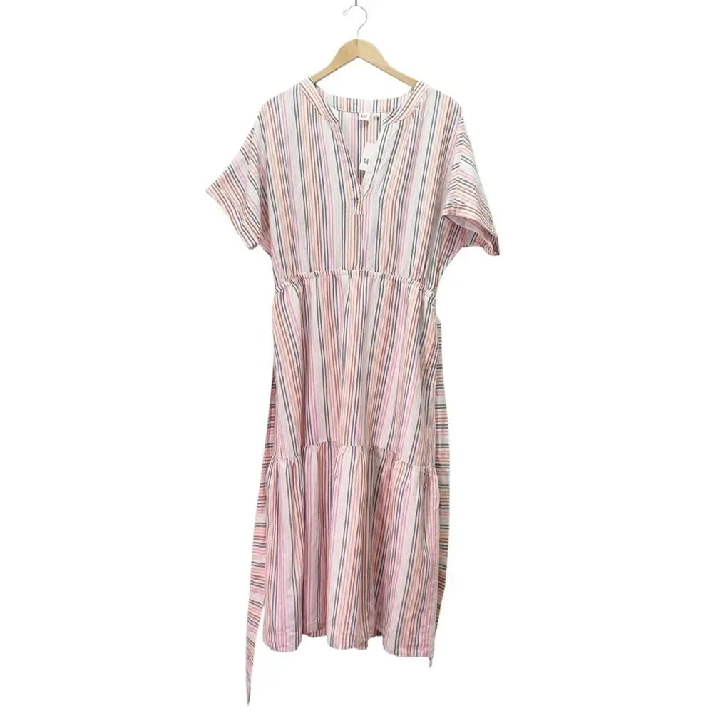 NWT Gap Linen Blend Striped Midi Dress Belted V-Neck Short Sleeve Size 14 Tall